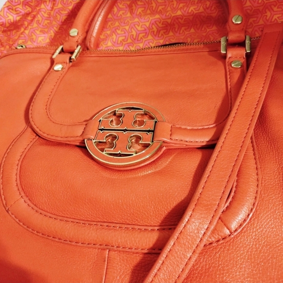 Tory Burch Amanda Orange Leather Logo Satchel Shoulder Bag –With Matching Mirror - Picture 6 of 14